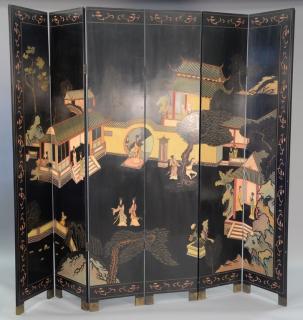 Appraisal: Oriental black lacquered six fold screen ht lg Oriental black