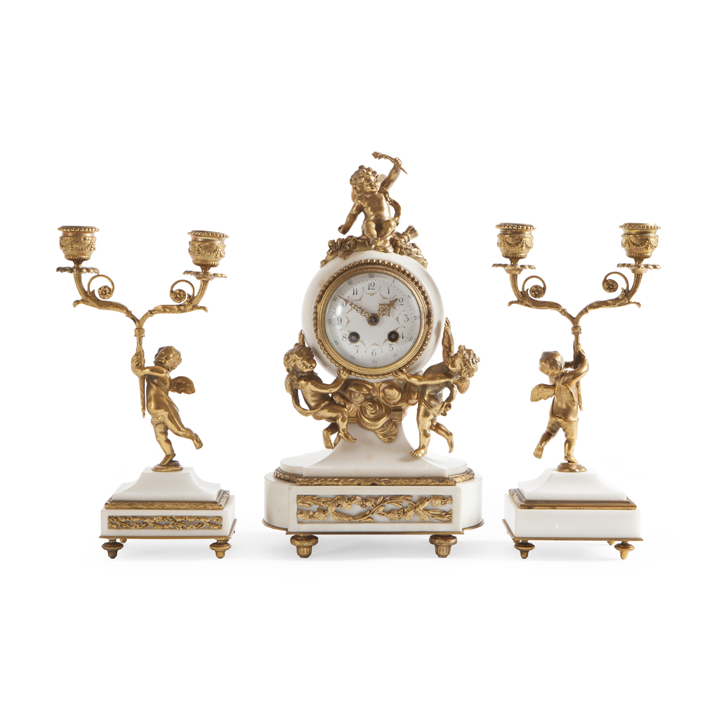 Appraisal: FRENCH MARBLE AND GILT METAL CLOCK GARNITURE TH CENTURY the