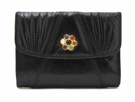 Appraisal: A Judith Leiber Black Lizardskin Wallet multicolor jeweled snap closure