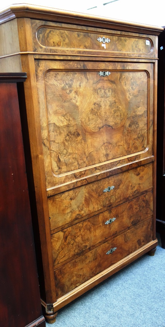 Appraisal: A late th century Continental walnut secretaire the frieze drawer