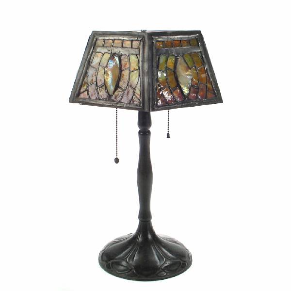 Appraisal: A Handel patinated metal lamp base and a leaded glass