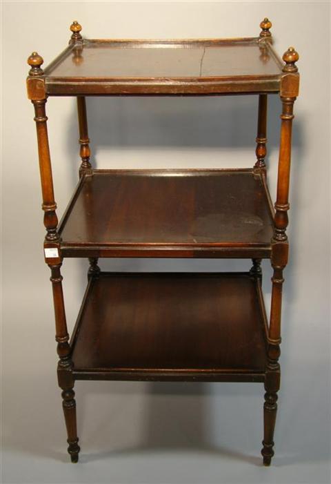 Appraisal: REGENCY STYLE MAHOGANY THREE-TIERED ETAGERE the square top joined to