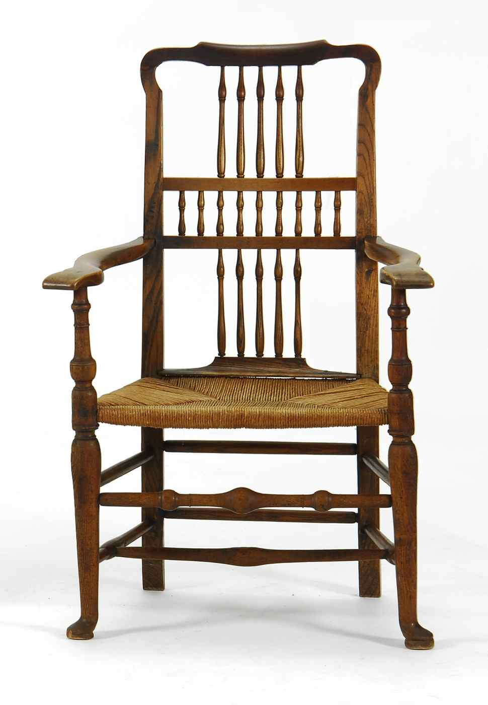 Appraisal: ANTIQUE ENGLISH RUSH-SEAT ARMCHAIR th CenturyIn oak with three rows