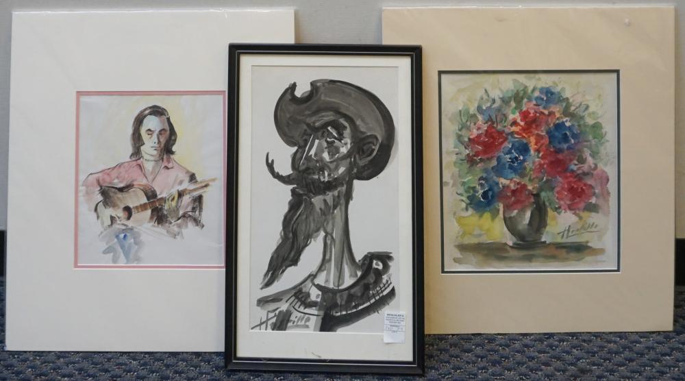 Appraisal: THREE WATERCOLORS ON PAPER SIGNED HOSTILLO TWO UNFRAMED FRAME OF