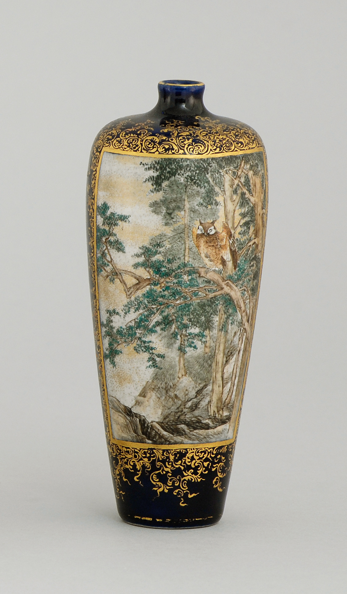 Appraisal: KINKOZAN SATSUMA POTTERY VASE With owl and pheasant decoration on