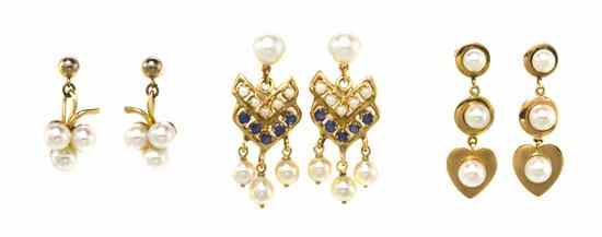 Appraisal: A Collection of Yellow Gold and Cultured Pearl Earrings consisting