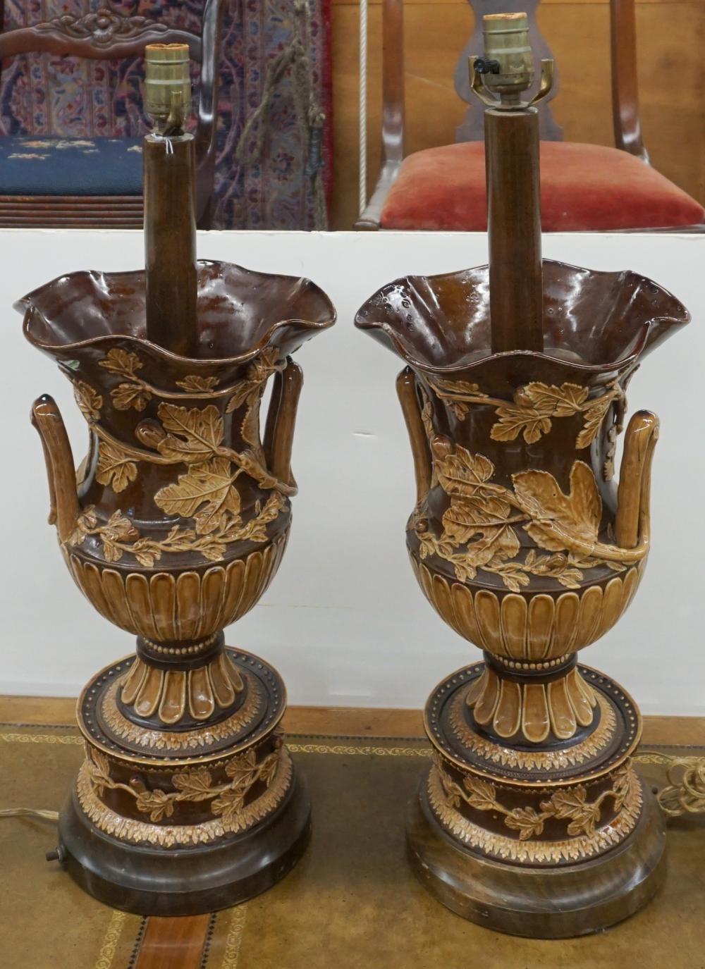 Appraisal: Pair Italian Majolica and Wood Table Lamps H in cm