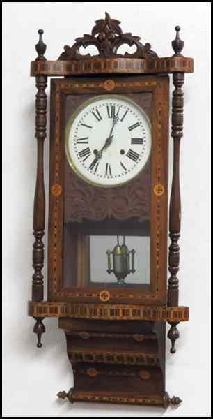 Appraisal: PARQUETRY INLAID WALL CLOCK With key and pendulum H ''