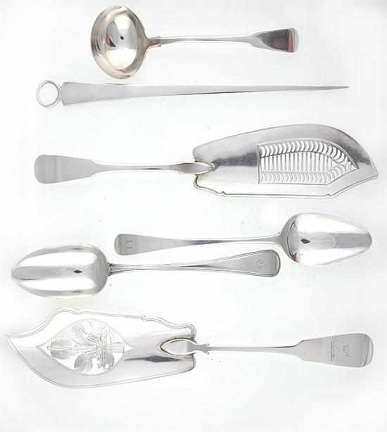 Appraisal: George III sterling fish slices ladle skewer and spoons London