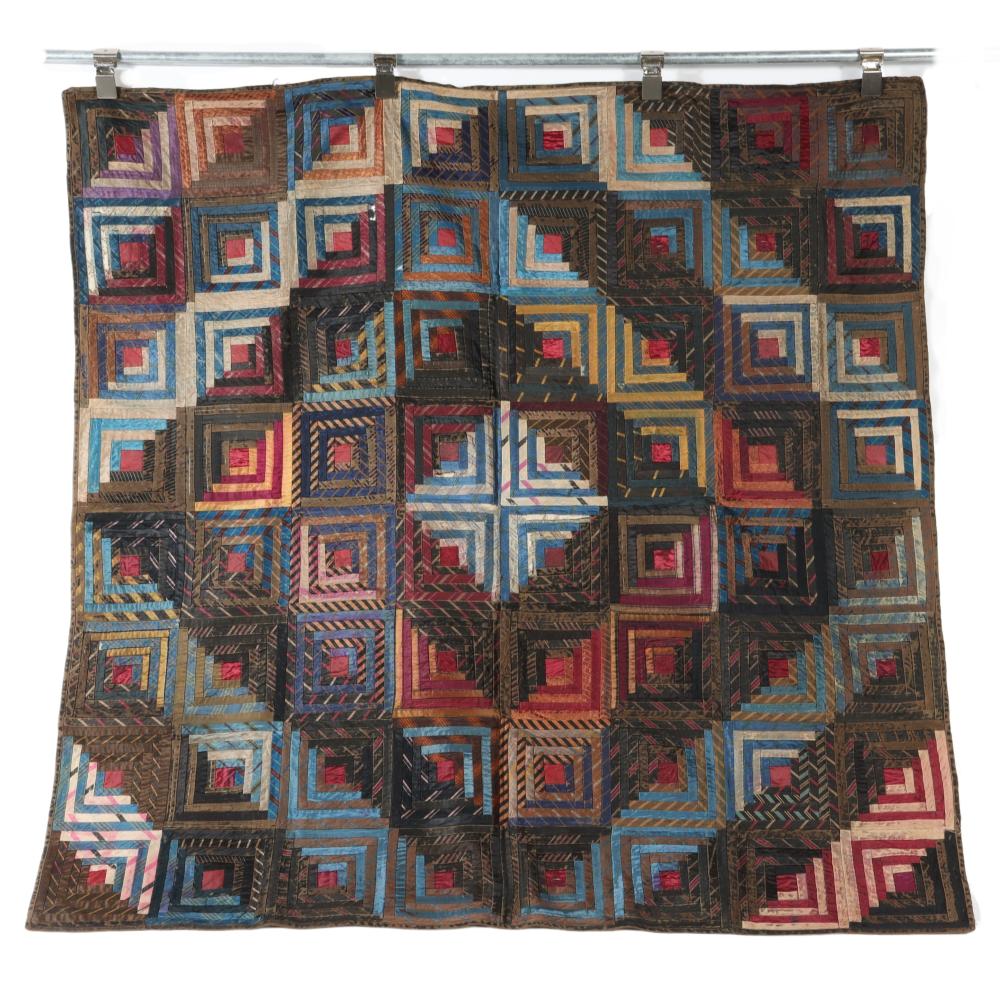 Appraisal: AMISH ANTIQUE AMERICAN LOG CABIN QUILT IN SILK AND VELVET