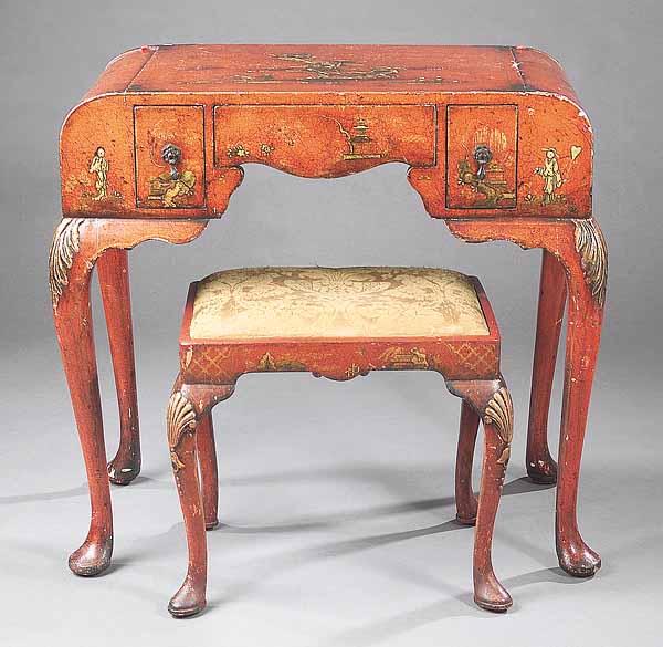 Appraisal: A Georgian-Style Red Lacquered Chinoiserie Dressing Table and Stool th