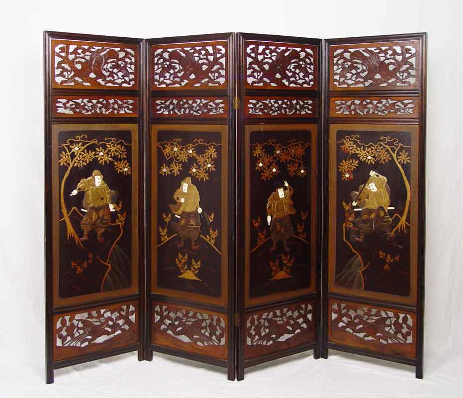 Appraisal: JAPANESE PANEL FOLDING SCREEN Ebonized open cutwork panels with applied