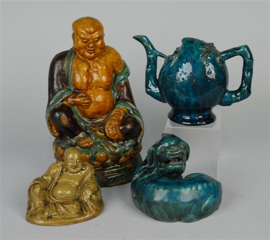 Appraisal: GROUP OF FOUR CHINESE FIGURAL GLAZED POTTERY WARES including seated