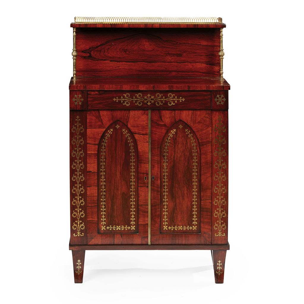 Appraisal: REGENCY ROSEWOOD AND BRASS INLAID CHIFFONIER CIRCA with an upper