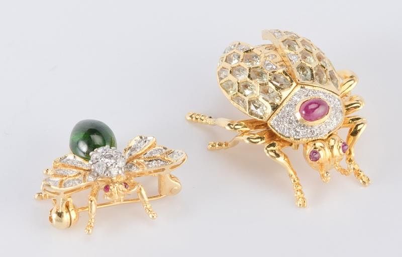 Appraisal: Jeweled Beetle and Bee Pins st item K yellow gold