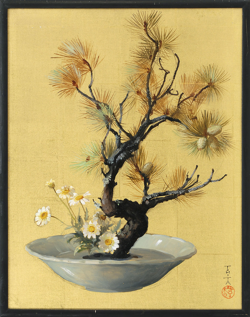 Appraisal: GOUACHE PAINTING ON SILK th CenturyBy Tomita Depicting a bonsai