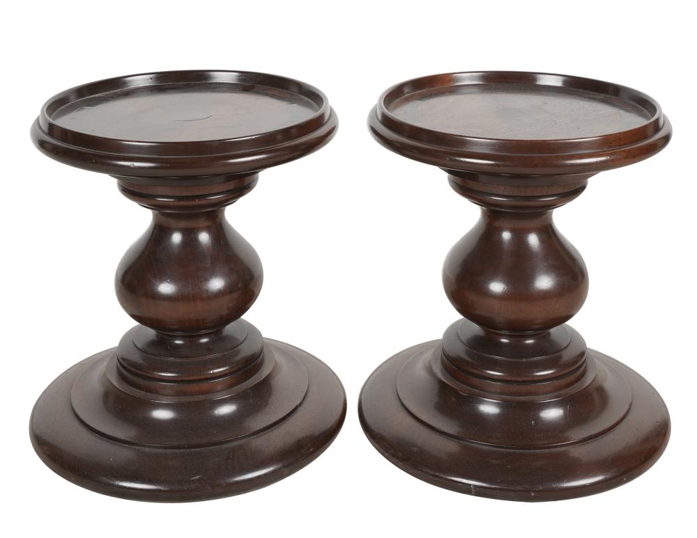 Appraisal: PAIR OF MAHOGANY TURNED WOOD STOOLSwith ebonized inlay to tops