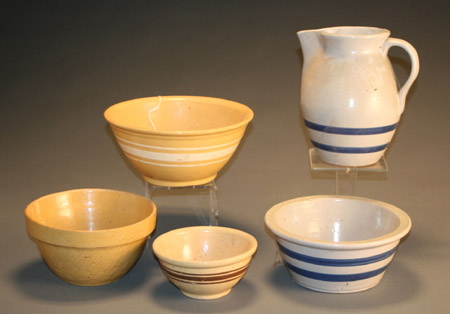 Appraisal: Group of Three Yellow Glazed Pottery Bowls and Cobalt Blue