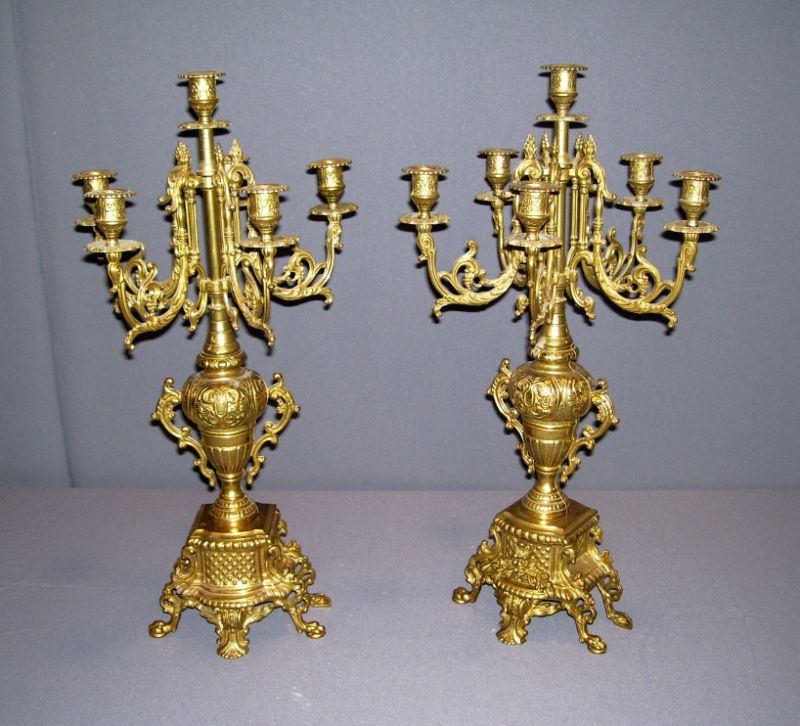 Appraisal: Pair French Style Brass Candelabras French style gilt brass five