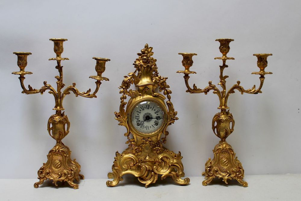 Appraisal: Antique Gilt Bronze Louis XV Style Clock Garniture Set From