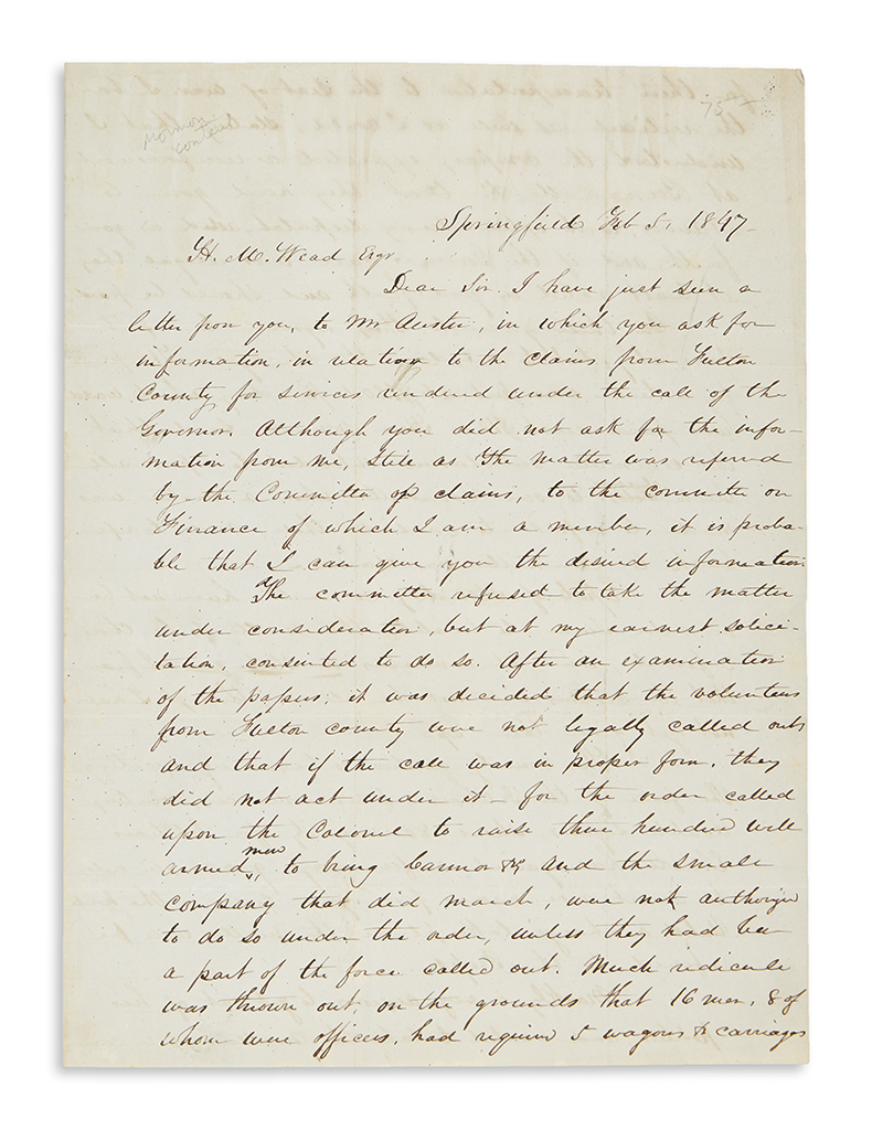 Appraisal: MORMONS McDowell Reuben R Letter describing the Illinois militia's efforts