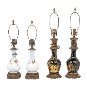 Appraisal: Two Pairs of French Enameled Glass Fluid Lamps Converted to