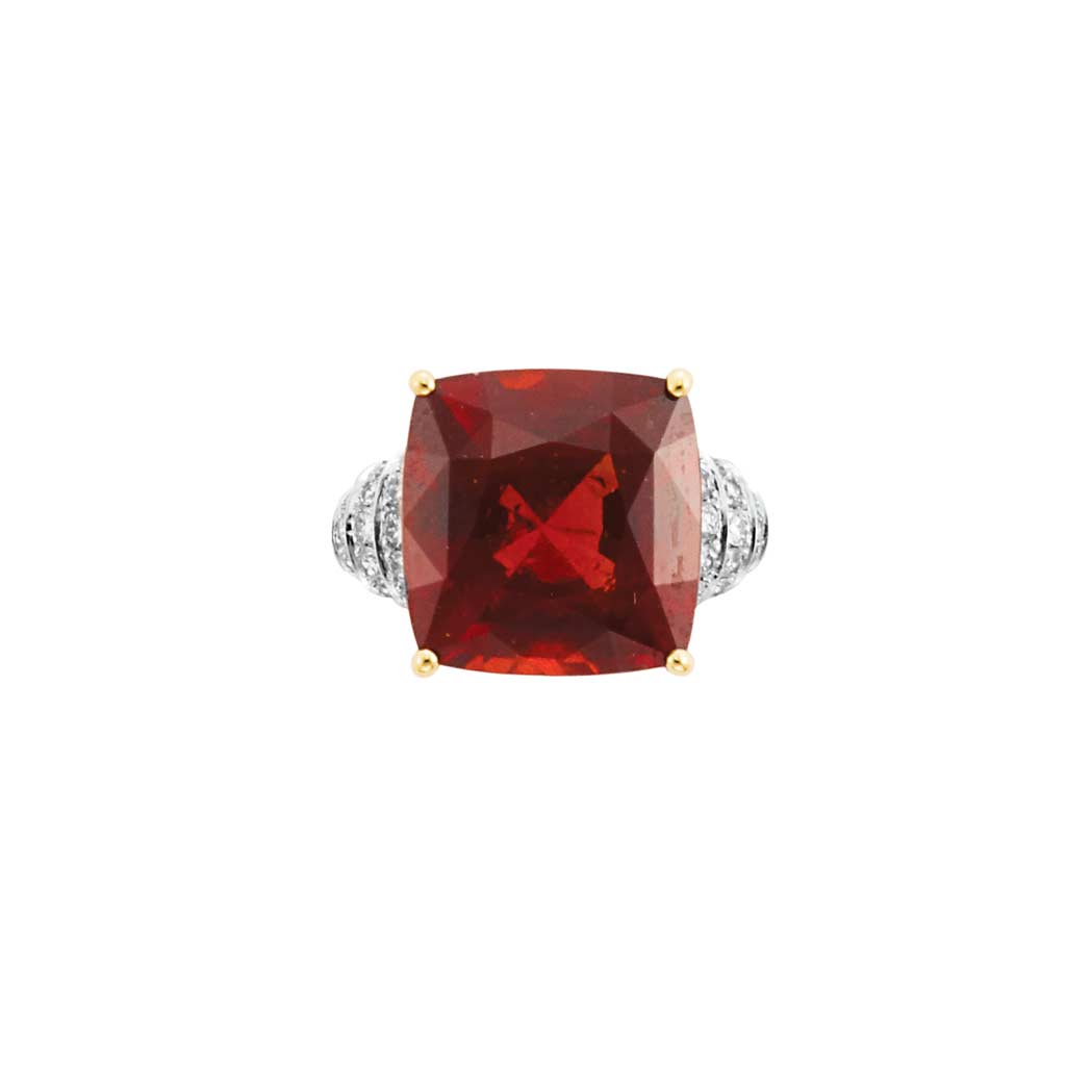 Appraisal: Garnet and Diamond Ring Yellow white gold one cushion-shaped garnet