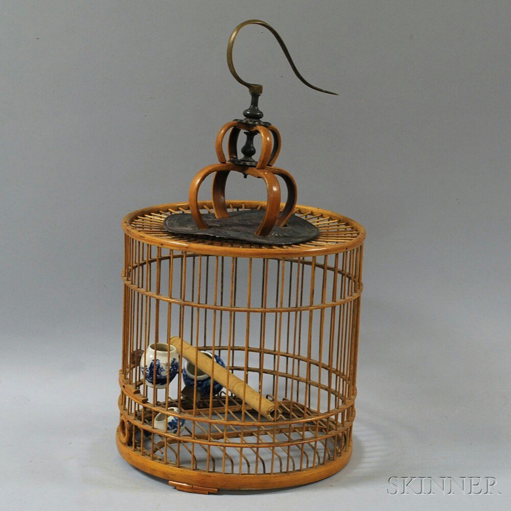 Appraisal: Bamboo Birdcage China th century drum-shaped cage with pottery water