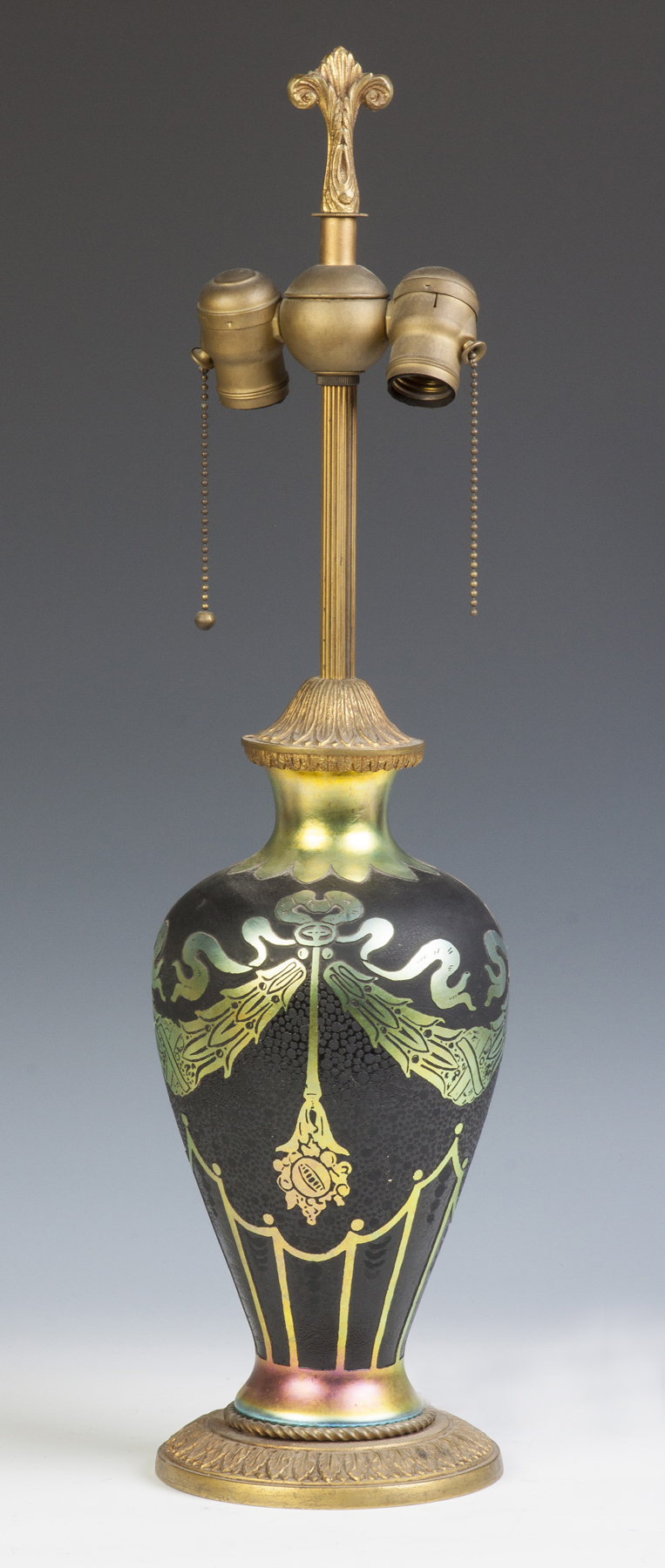 Appraisal: Steuben Black Acid Etched Lamp with Gold Aurene Early th