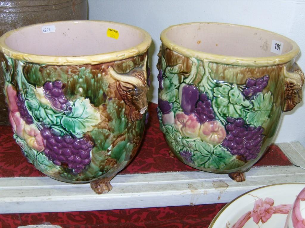 Appraisal: A pair of th century Majolica jardinieres with relief moulded