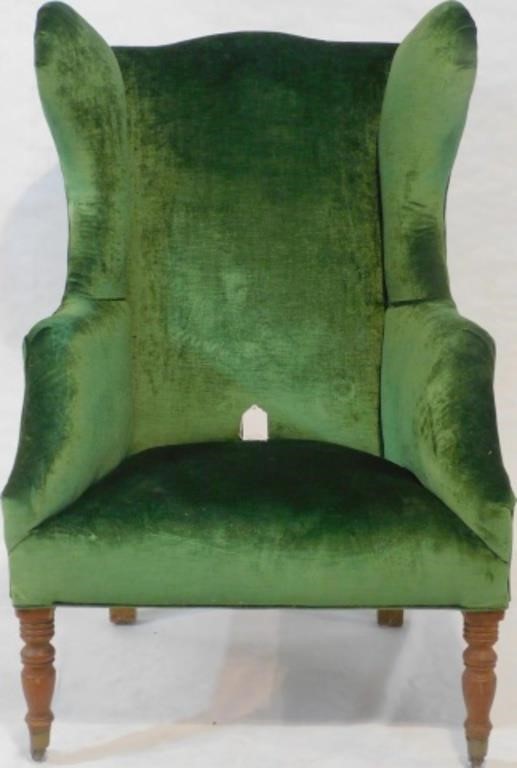 Appraisal: AMERICAN SHERATON WING CHAIR EARLY TH CENTURY Velvet upholstery full