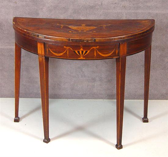 Appraisal: English Mahogany Demilune Card Table Circa Marquetry top with Classical