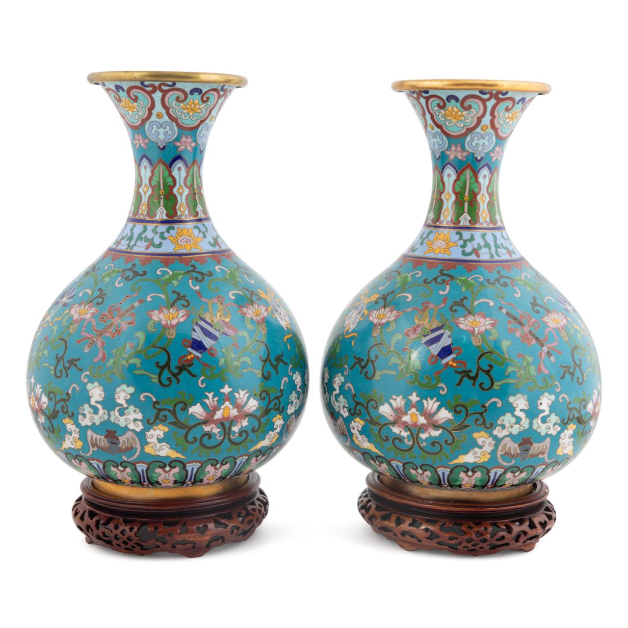 Appraisal: PAIR CHINESE CLOISONNE VASES ON STANDS Pair of Chinese cloisonne