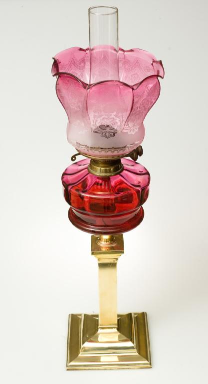 Appraisal: VICTORIAN BRASS AND CRANBERRY GLASS OIL LAMP the etched and