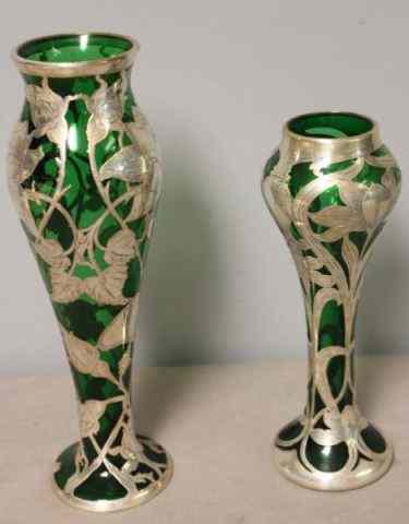 Appraisal: STERLING Overlay Emerald Glass Lot Includes a vase apparently unmarked