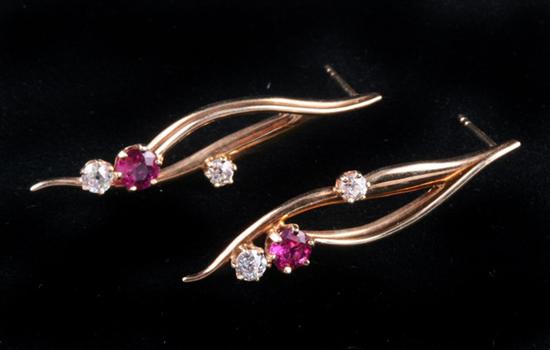 Appraisal: PAIR K YELLOW GOLD RUBY AND DIAMOND PENDANT EARRINGS Each