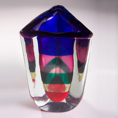 Appraisal: FULVIO BIANCONI VENINI Large thick-walled three-sided vase with multi-colored bands