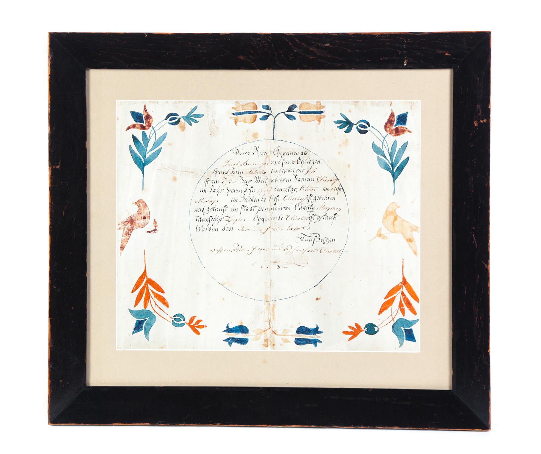 Appraisal: FRAKTUR BY THE TAUFZEUGEN ARTIST PENNSYLVANIA LATE TH-EARLY TH CENTURY