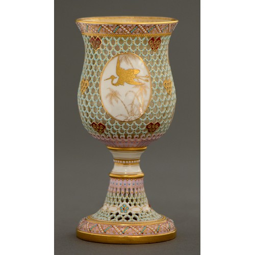 Appraisal: A Royal Worcester honeycomb reticulated and jewelled goblet with raised