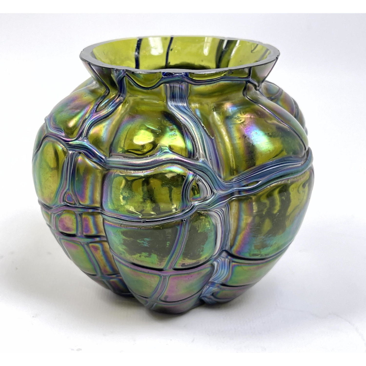 Appraisal: Kralik style Melon form Art Glass Vase Iridescent Green Glass