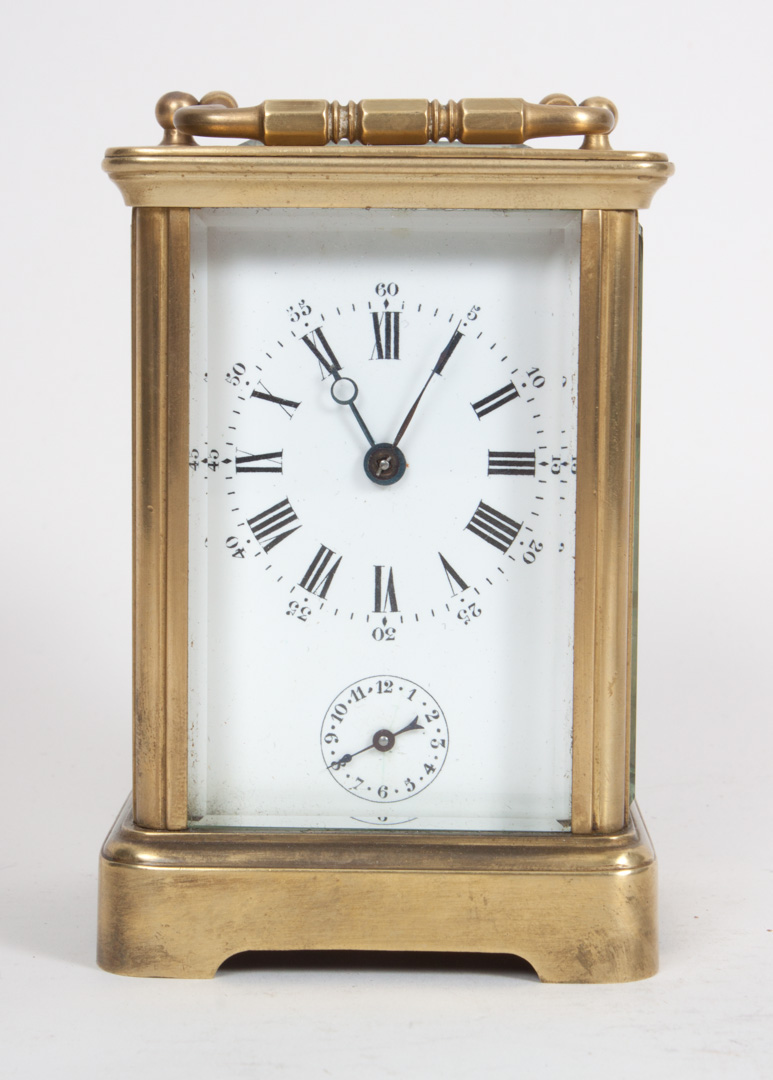 Appraisal: French brass and beveled glass carriage clock late th century