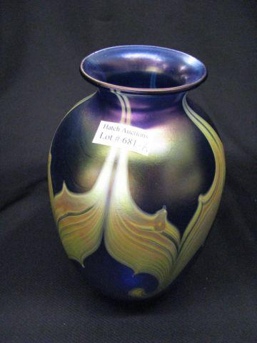 Appraisal: Carlson Studio Art Glass Vase iridescent pulled feather on blue