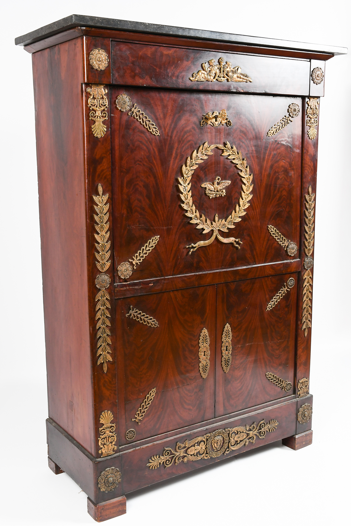 Appraisal: METAL MOUNTED FRENCH SECRETAIRE A ABATTANT Surmounting Black Marble top