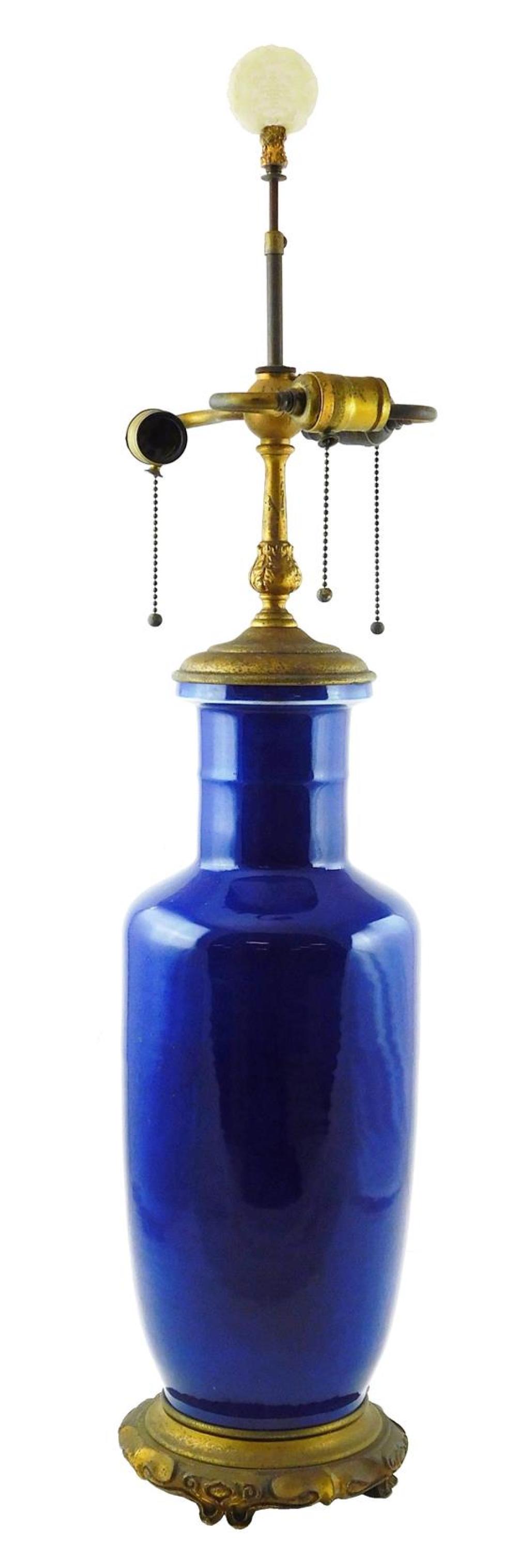 Appraisal: Cobalt blue glazed table lamp porcelain urn form with metal