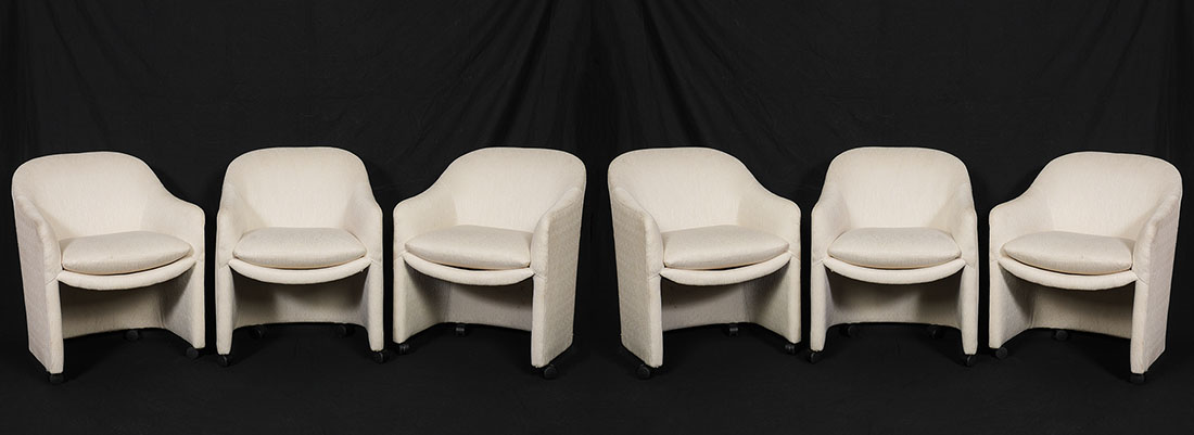 Appraisal: UPHOLSTERED THAYER COGGIN CHAIRS Fully upholstered in patterned white upholstery