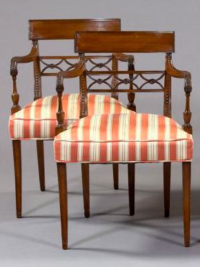 Appraisal: Pair of Regency-Style Mahogany and Banded Inlaid Armchairs each with