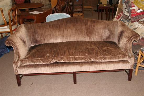 Appraisal: th CENTURY CHIPPENDALE STYLE MAHOGANY BROWN PLUSH UPHOLSTERED SIX-LEG CAMEL-BACK