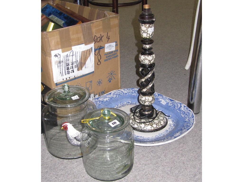 Appraisal: Lot comprising two glass storage jars a blue and white