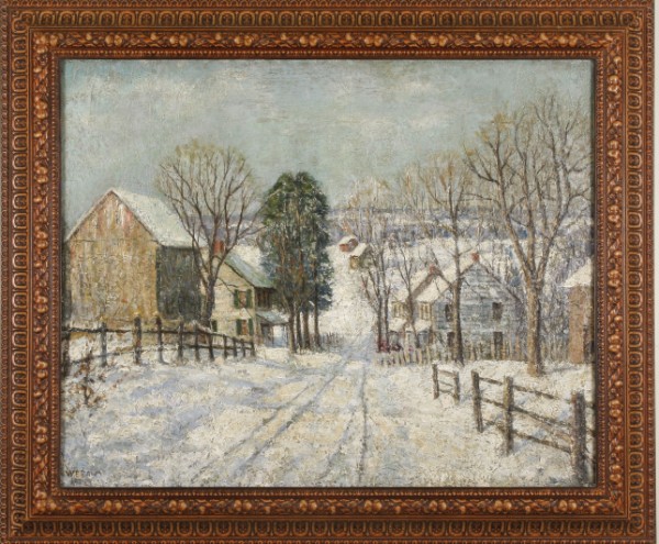 Appraisal: Snow Covered Road oil on canvas relined x SLL W