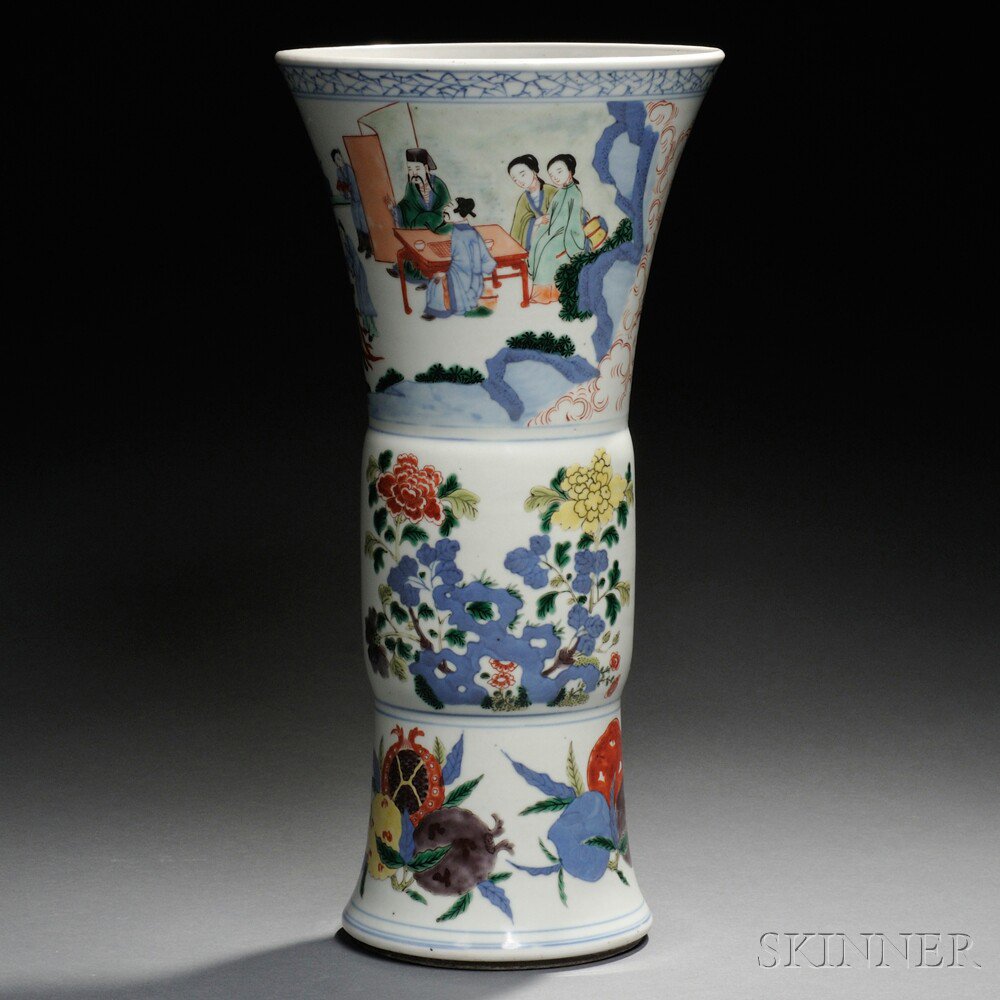 Appraisal: Tall Wucai Gu Vase China Qing Dynasty the upper section